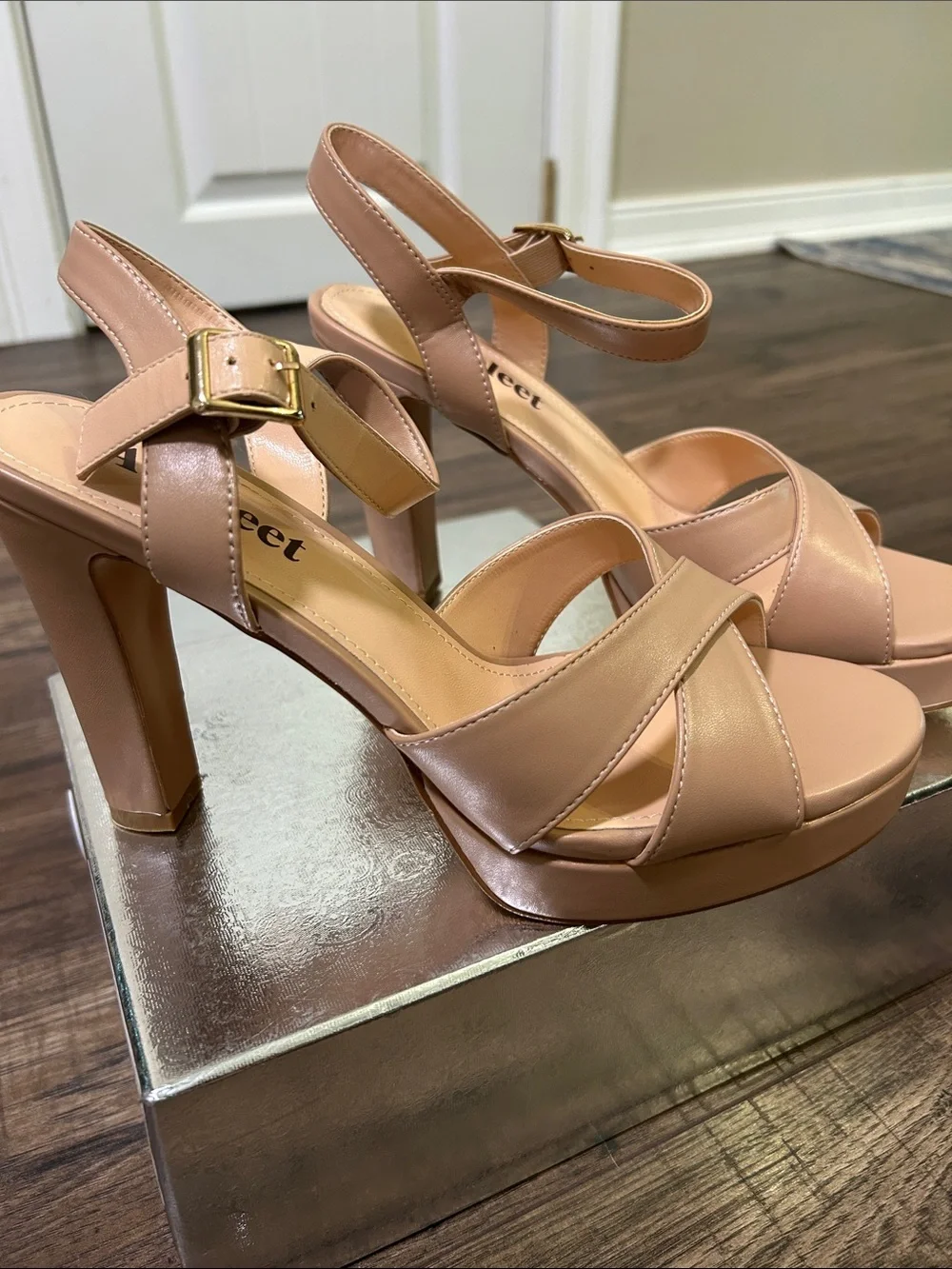 Nude Tan Platform Heel Sandals with Ankle Strap